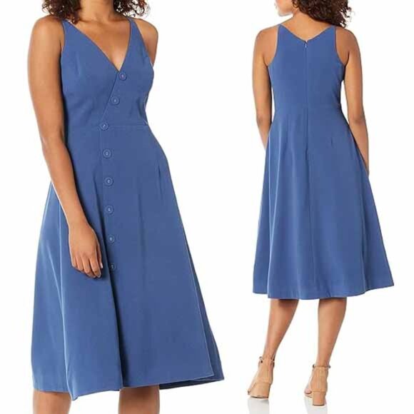 NEW Dress the Population Women's L Emily Midi Dress Graphite Blue Fit Flared NWT - Picture 1 of 11